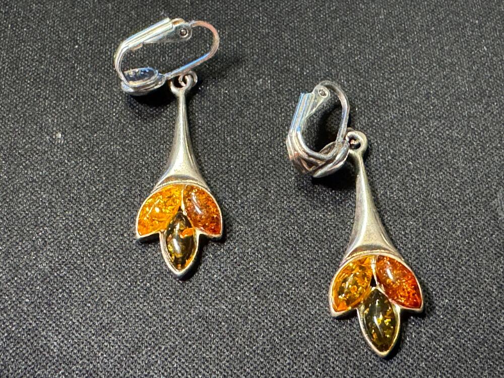 Vintage 925 Sterling Silver Dangle Amber Clip On Earrings